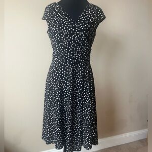 Ralph Lauren Black and Tan Polka Dot Midi Dress with side Draped size 4